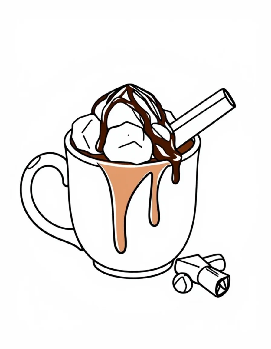 Coloriage Boissons - Tasse de chocolat chaud fumant garnie de petites guimauves fondantes et d'un bâton de cannelle, dessin clair.