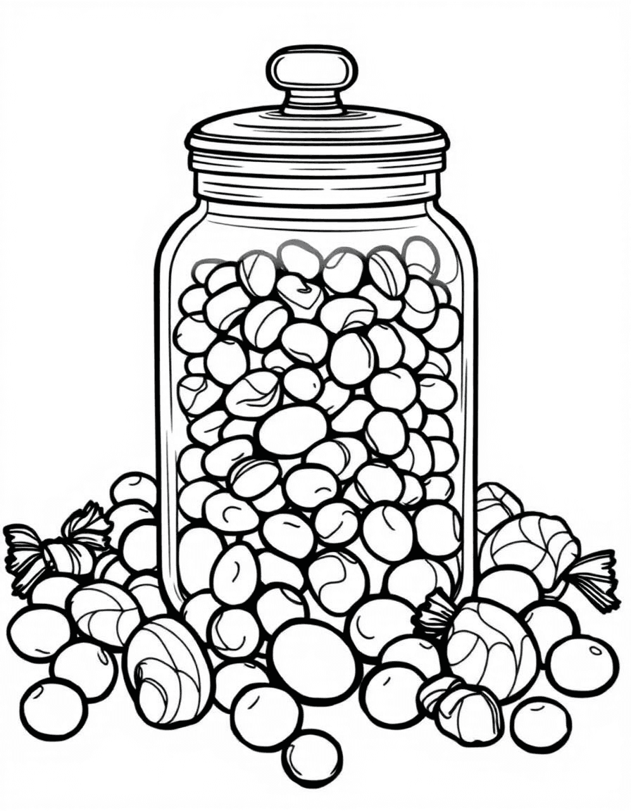 Coloriage Bonbons - Grand bocal à bonbons transparent rempli d'oursons gélifiés, dragées et sucreries emballées, dessin clair.