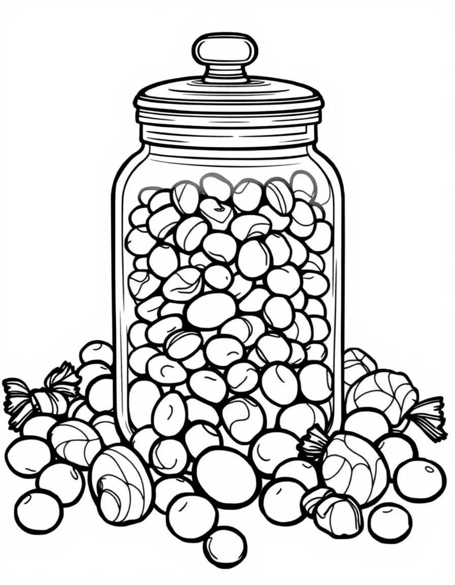 Coloriage Bonbons - Grand bocal à bonbons transparent rempli d'oursons gélifiés, dragées et sucreries emballées, dessin clair.