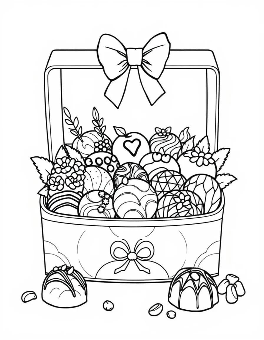Coloriage Chocolat - Boîte de chocolats fins et truffes artisanales présentés dans leurs petites caissettes en papier, dessin clair.