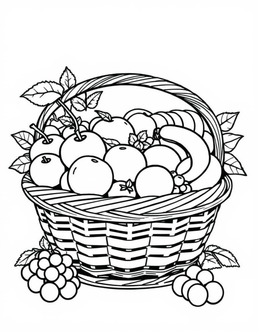 Coloriage Fruits - Grand panier en osier débordant d'une belle variété de fruits : pommes, oranges, bananes et grappes de raisin, contours nets.