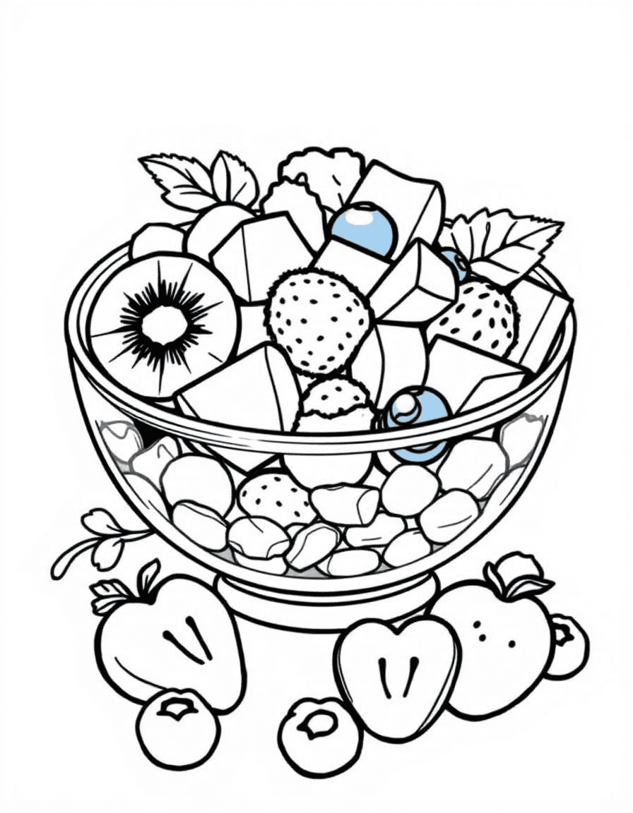 Coloriage Fruits - Grand saladier de salade de fruits frais avec morceaux de kiwi, melon, fraises et myrtilles, dessin clair.