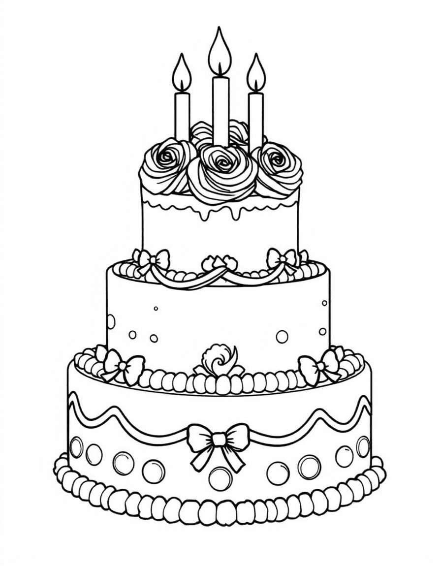 Coloriage Gâteau - Magnifique gâteau d'anniversaire à trois étages décoré de rosaces de crème, rubans et bougies allumées, contours nets.