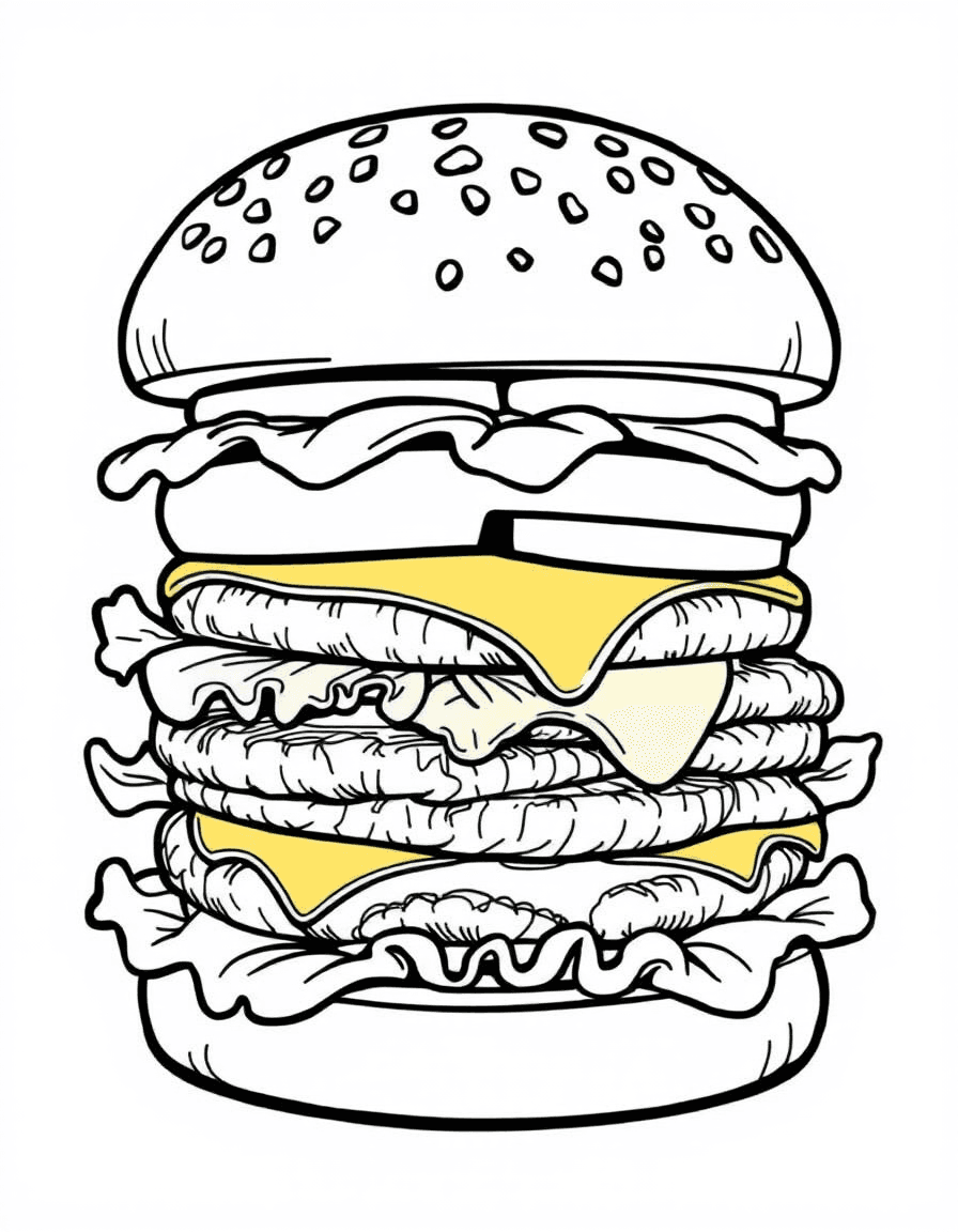 Coloriage Hamburger - Gros hamburger appétissant avec pain aux graines de sésame, steak grillé, fromage fondu, salade et tomate, contours nets.
