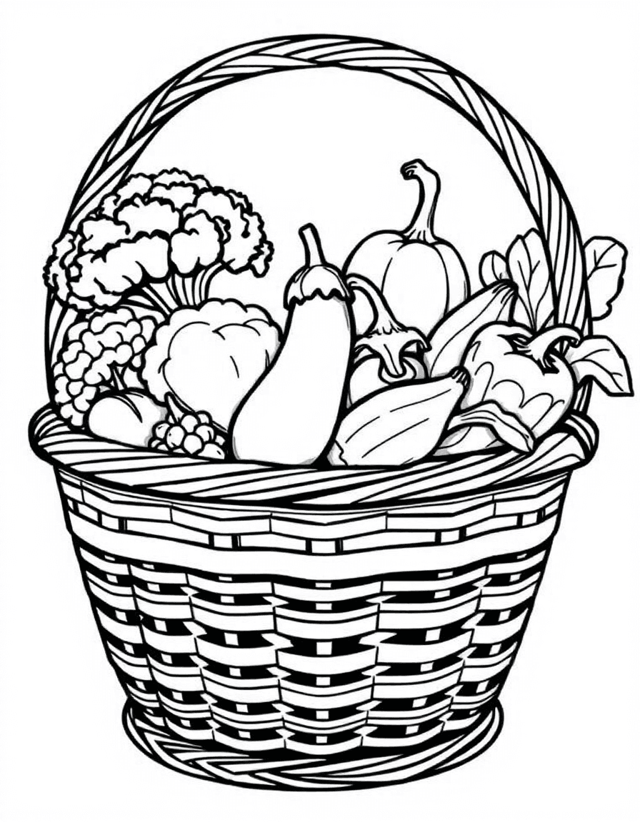 Coloriage Legumes - Grand panier en osier débordant de légumes frais du potager : brocoli, aubergine, courgette, poivron et poireau, contours nets.