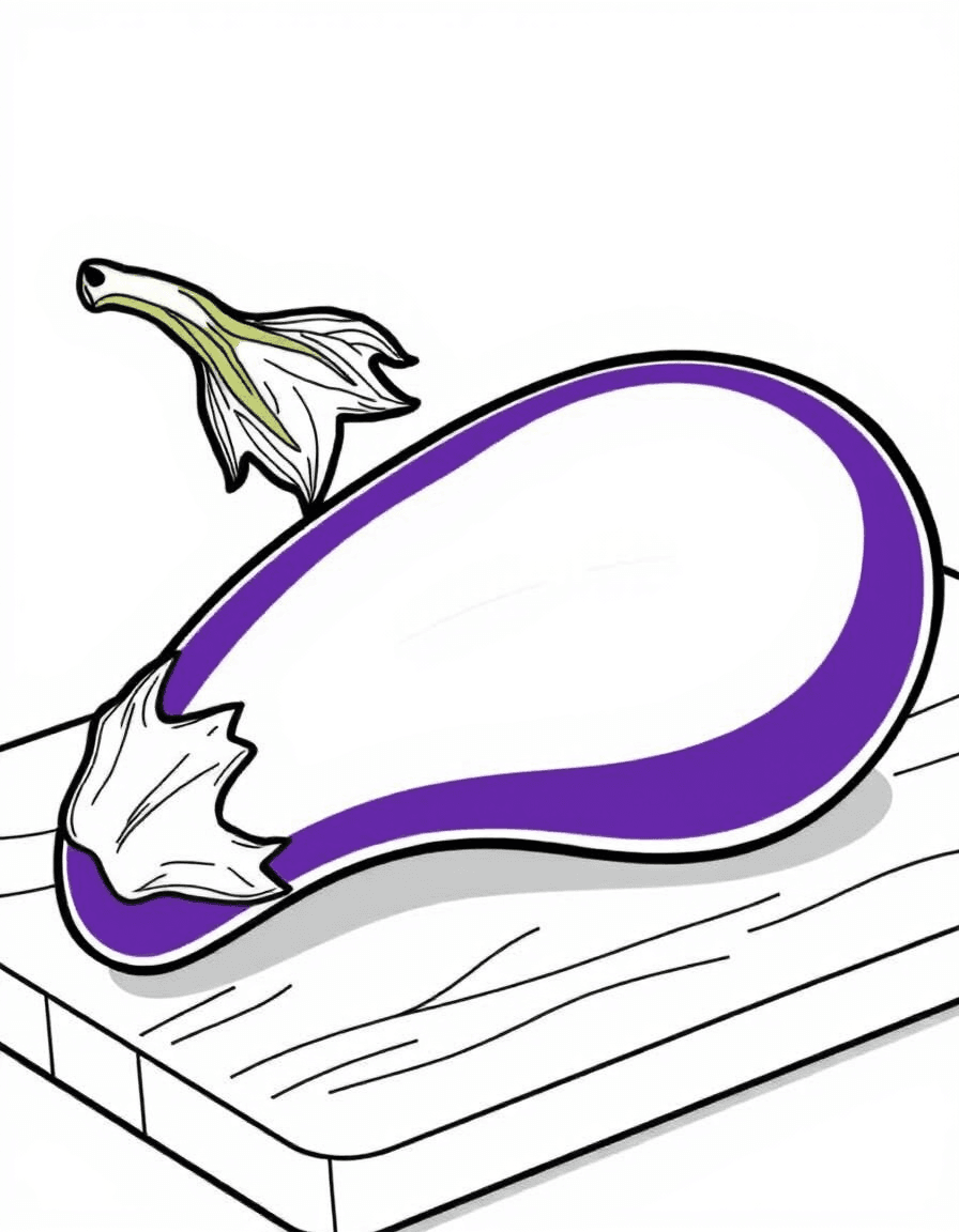 Coloriage Legumes - Belle aubergine lisse et rebondie avec son pédoncule étoilé posée sur une planche de cuisine, dessin clair.