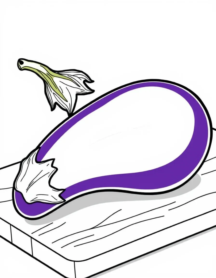 Coloriage Legumes - Belle aubergine lisse et rebondie avec son pédoncule étoilé posée sur une planche de cuisine, dessin clair.