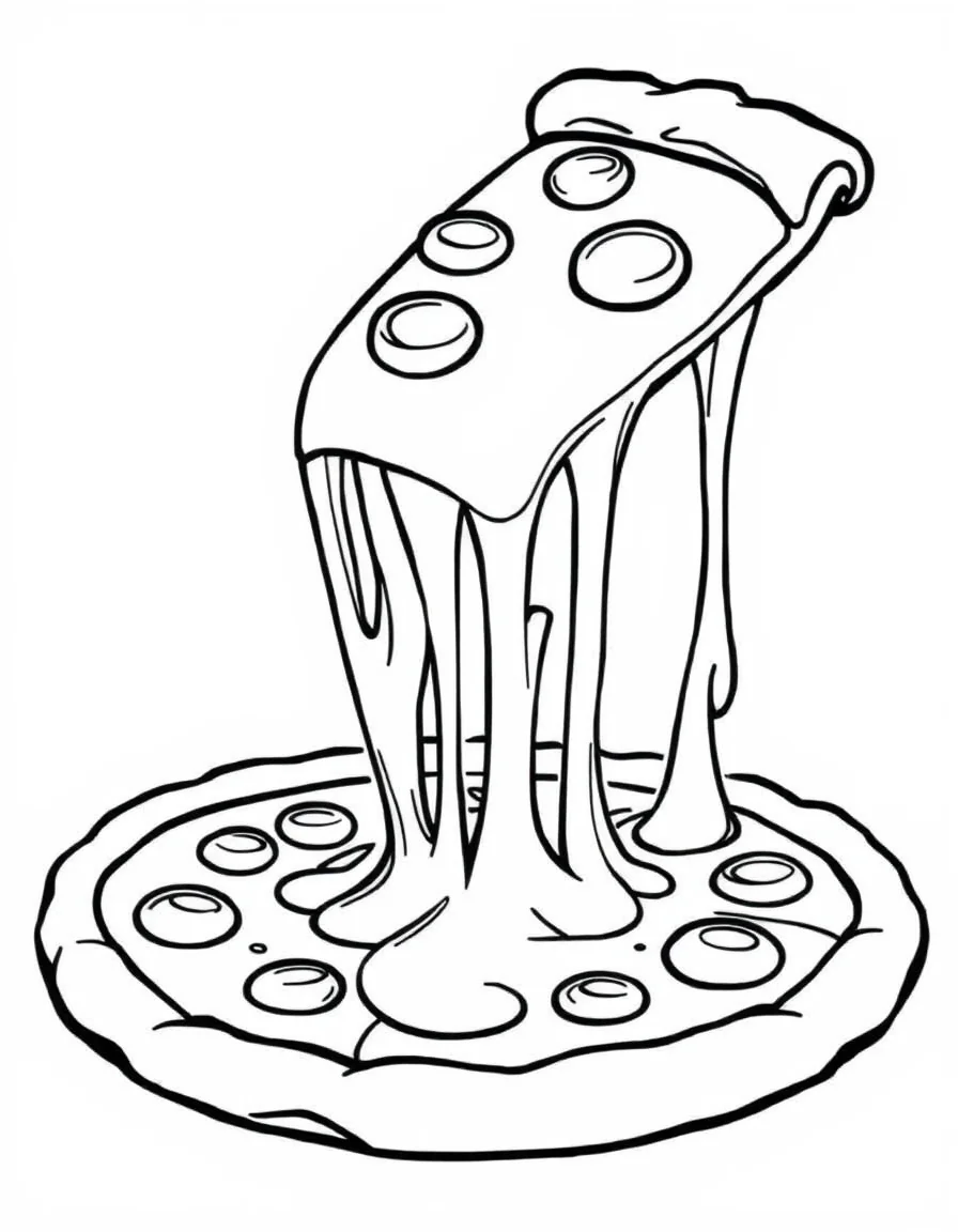 Coloriage Pizza - Part de pizza soulevée laissant s'étirer de longs fils de fromage fondant et coulant, dessin clair.