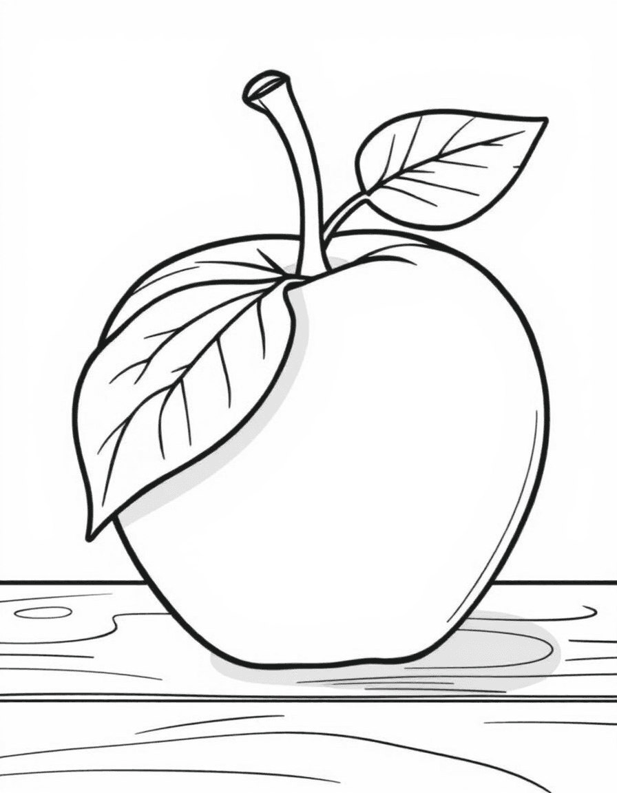 Coloriage Pomme - Belle grosse pomme ronde et brillante avec sa tige courbée et une jolie feuille verte, contours nets.