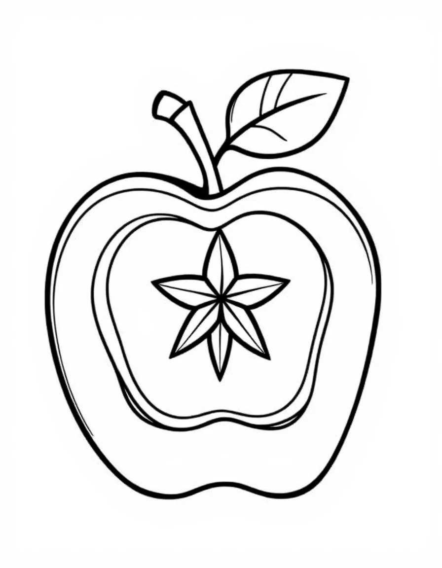Coloriage Pomme - Pomme coupée en deux transversalement laissant apparaître son cœur étoilé à cinq branches et ses pépins, dessin clair.