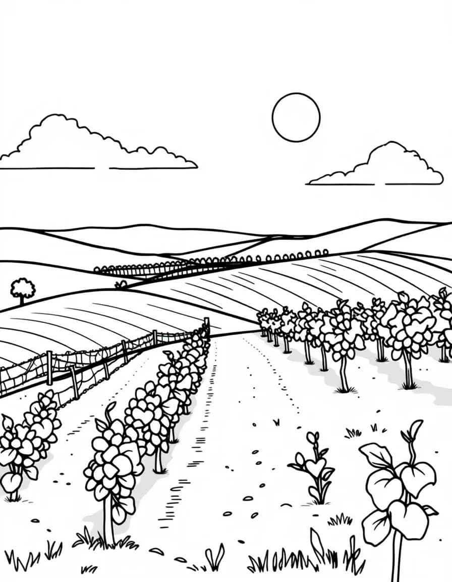 Coloriage Raisin - Paysage vallonné de vignoble avec ses rangs de vignes s'étendant à perte de vue sous le soleil, dessin clair.