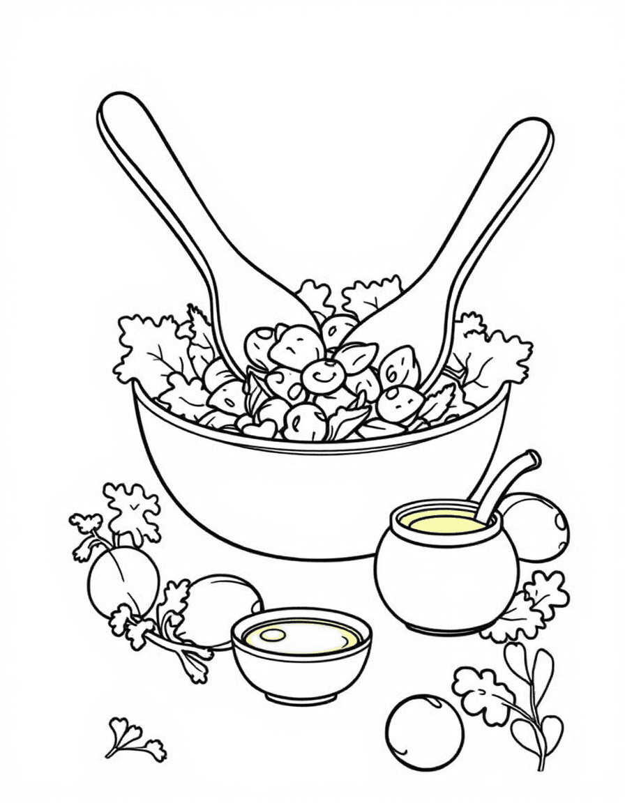 Coloriage Salade - Couverts à salade en bois mélangeant une salade composée avec burettes d'huile et de vinaigre à côté, dessin clair.