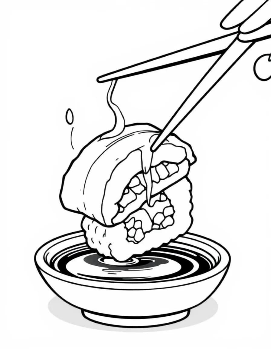 Coloriage Sushi - Paire de baguettes en bambou saisissant un sushi nigiri au saumon au-dessus d'une coupelle de sauce soja, dessin clair.