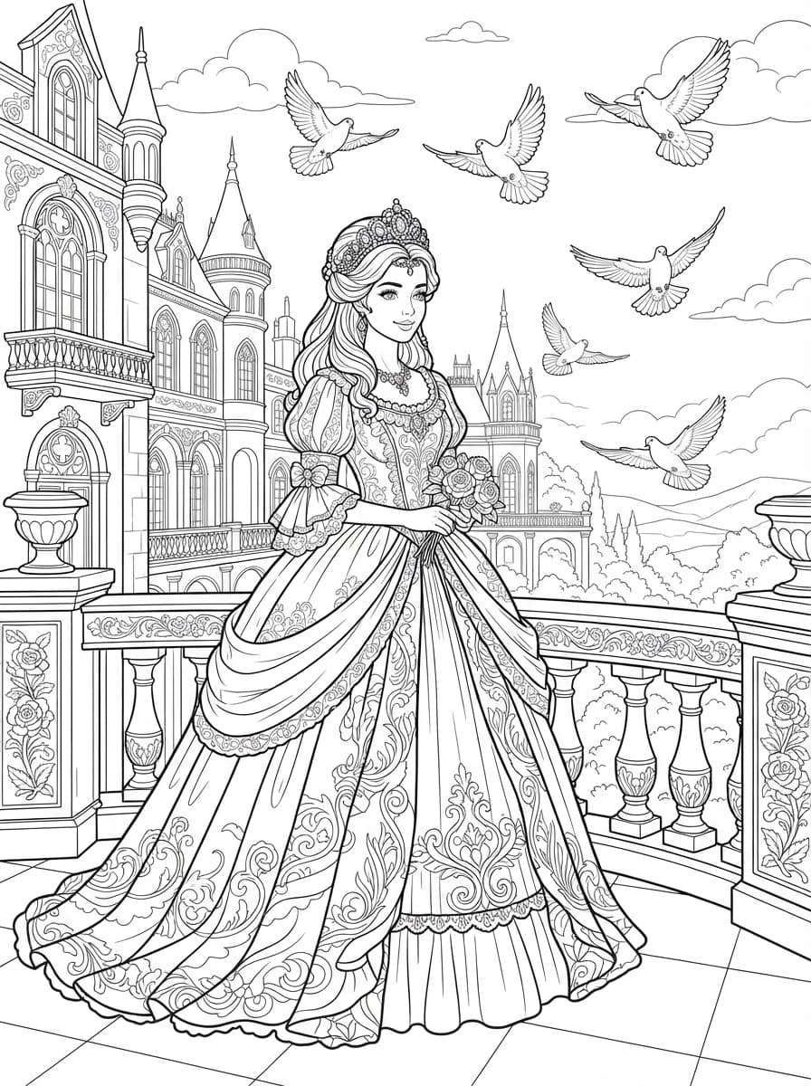 Coloriage La Princesse au Diadème sur le Balcon