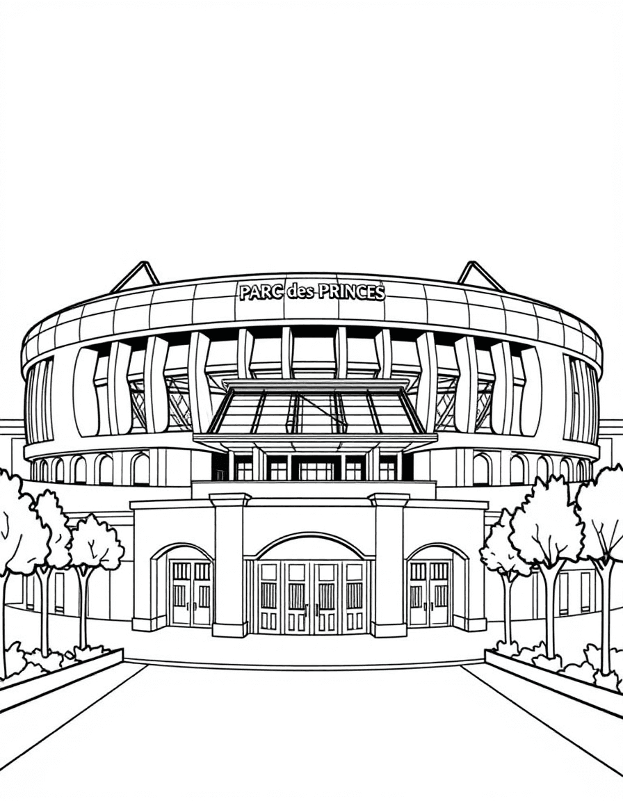 Coloriage PSG Paris Saint-Germain - Le stade du Parc des Princes avec son architecture en nervures de béton et ses portes d'entrée, dessin clair.
