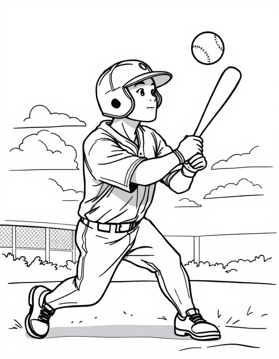 Coloriage Baseball - Batteur de baseball casqué frappant la balle de toutes ses forces avec sa batte en bois, contours nets.