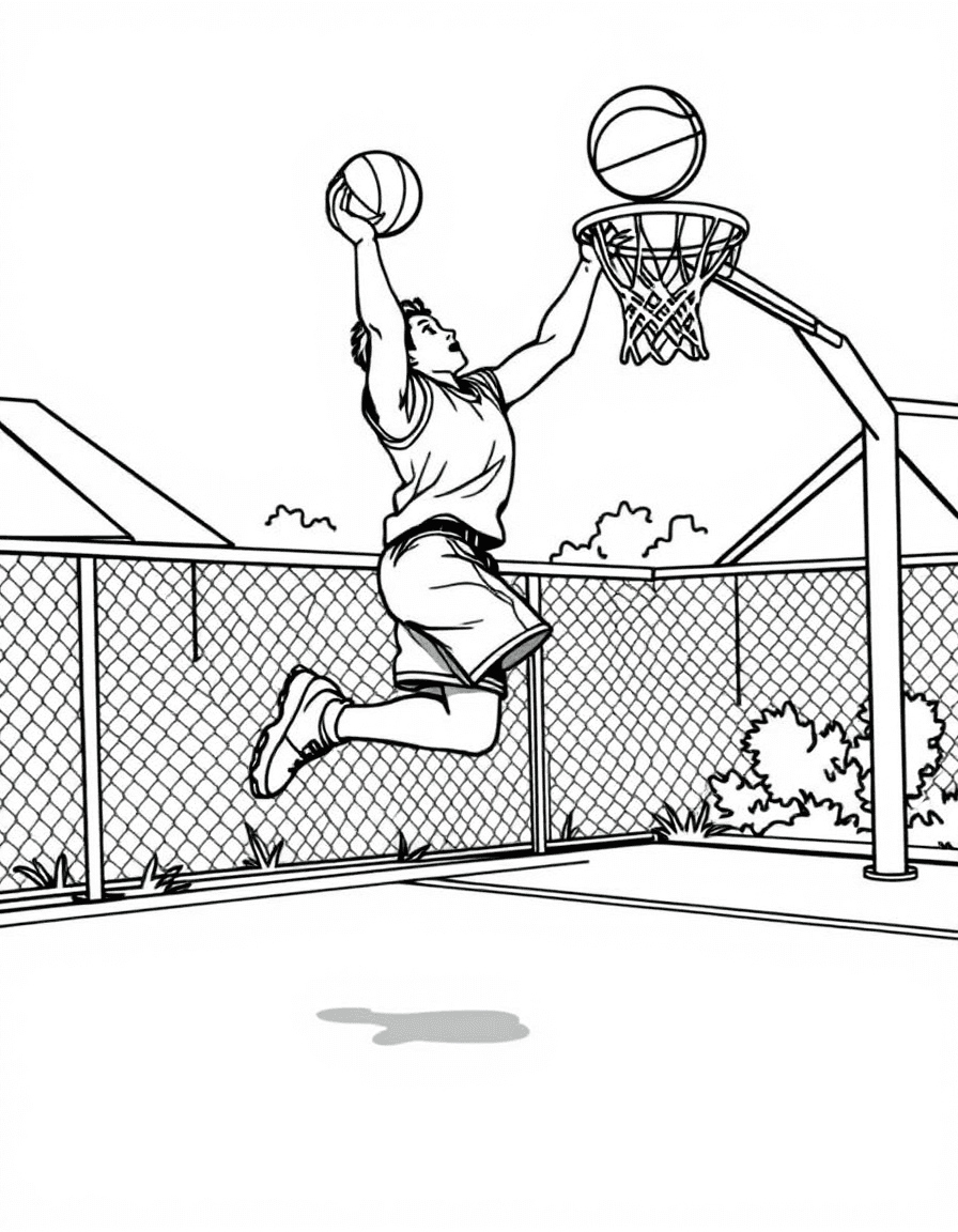 Coloriage Basket - Joueur de streetball sautant pour un double-pas spectaculaire sur un terrain de quartier grillagé, contours nets.
