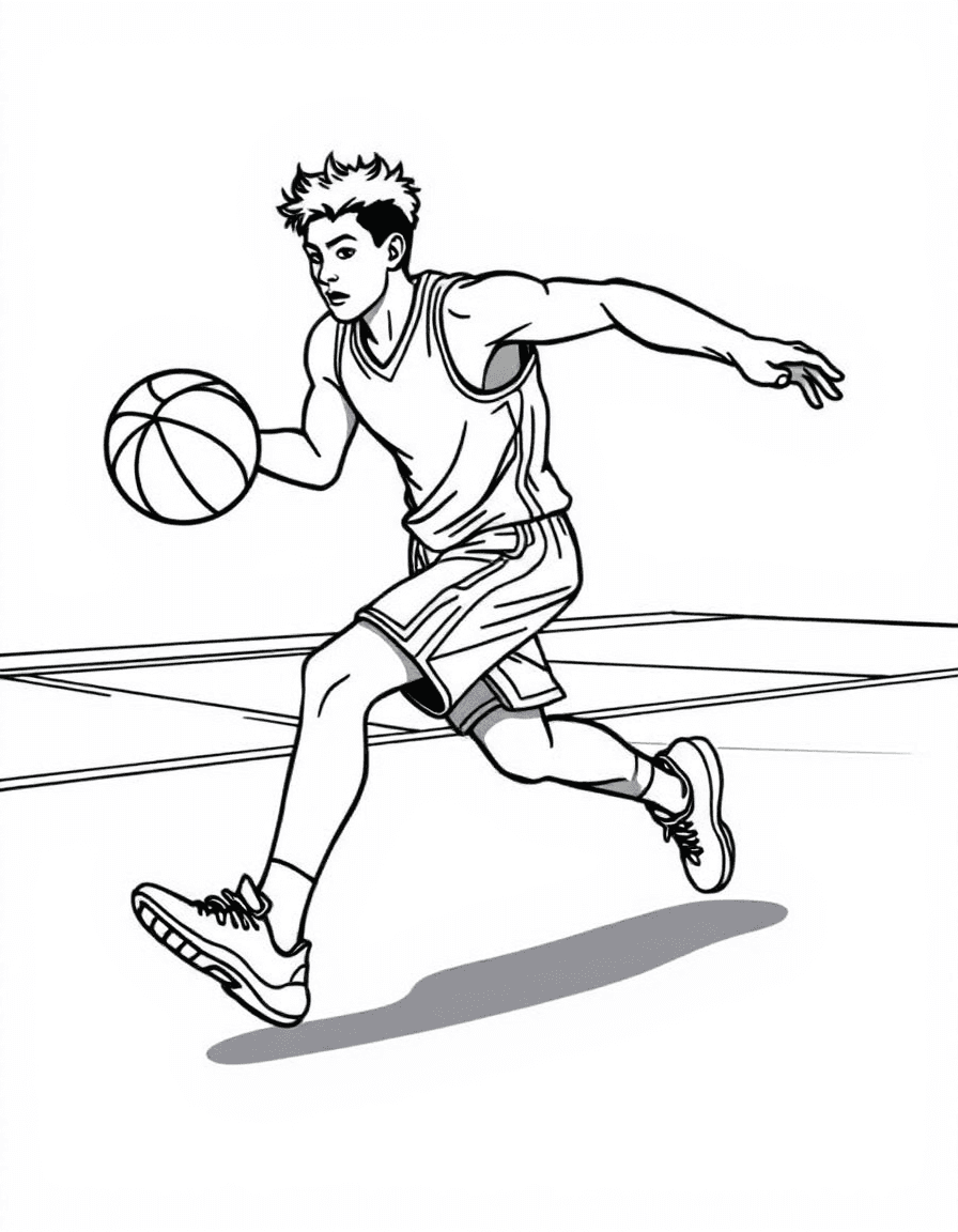 Coloriage Basket - Joueur de basket dribblant entre les jambes avec agilité sur le goudron d'un terrain en plein air, traits nets.