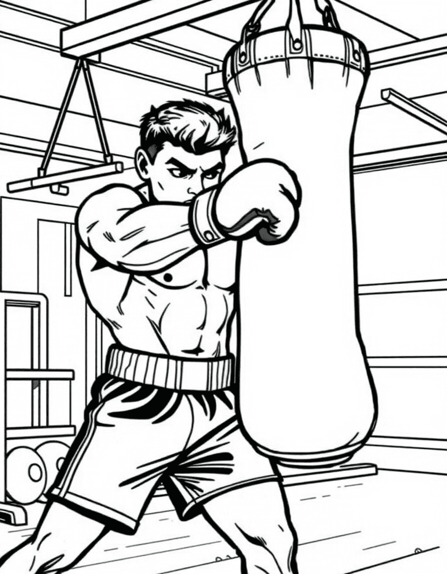 Coloriage Boxe - Boxeur déterminé en short et gants de boxe frappant un lourd sac de frappe suspendu dans la salle d'entraînement, contours nets.