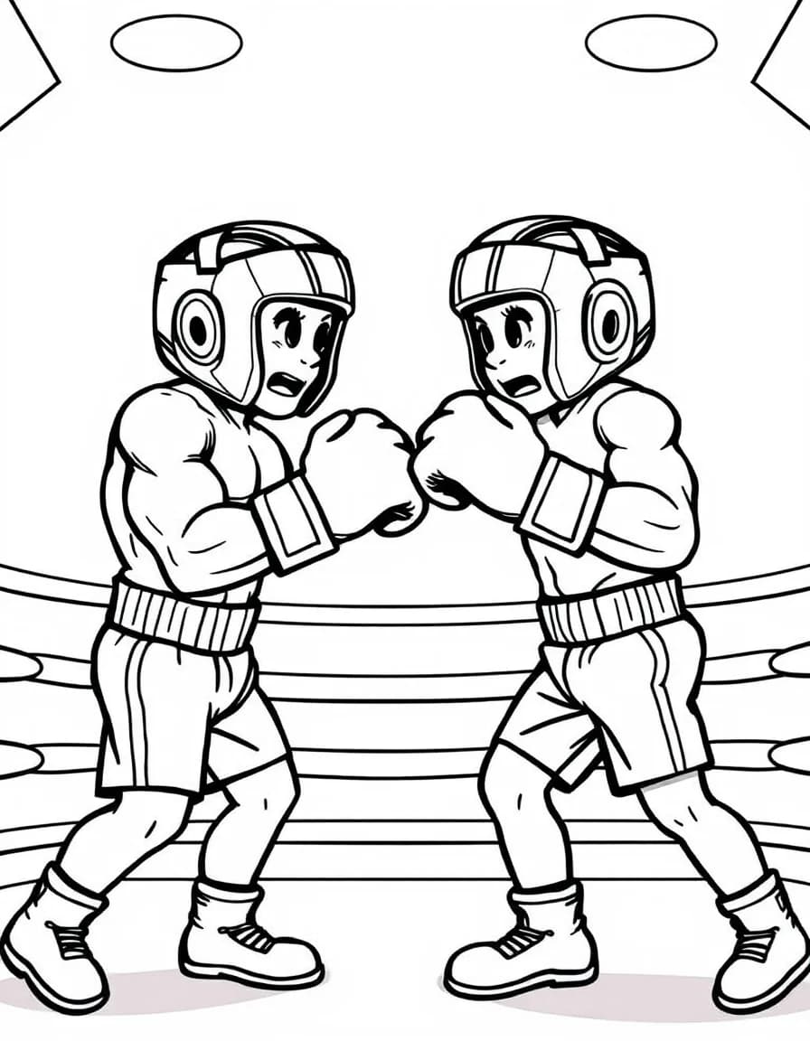 Coloriage Boxe - Deux boxeurs équipés de casques de protection s'entraînant amicalement entre les cordes du ring, traits nets.