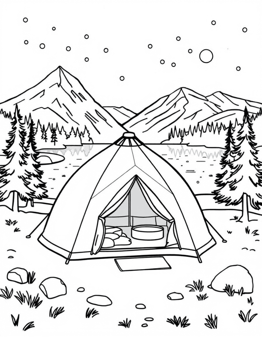 Coloriage Camping - Tente dôme de camping installée au bord d'un lac de montagne entouré de grands pins, contours nets.