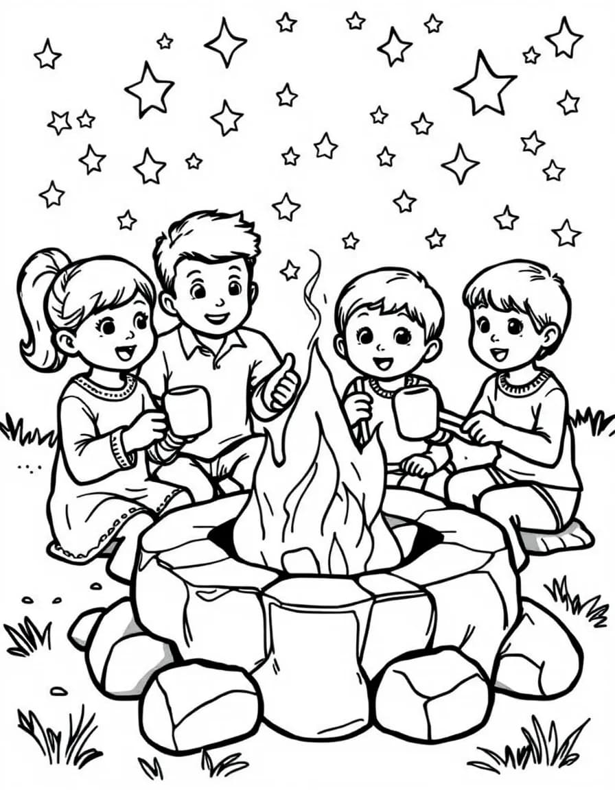 Coloriage Camping - Famille faisant griller des guimauves sur des branches au-dessus du feu de camp sous un ciel étoilé, traits nets.