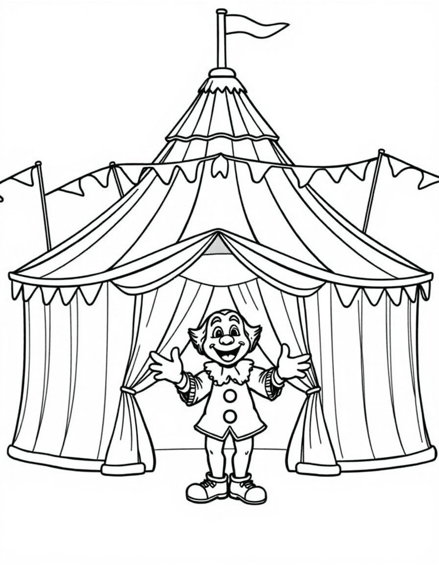 Coloriage Cirque - Grand chapiteau de cirque rayé avec fanions au vent et clown joyeux jonglant avec des quilles devant l'entrée, contours nets.