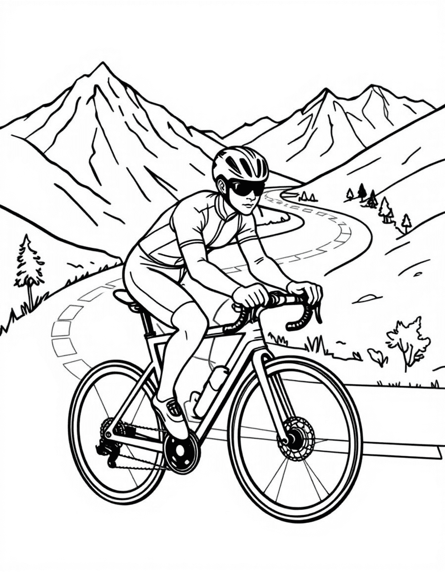 Coloriage Cyclisme - Cycliste de route sur un beau vélo de course avec casque et maillot gravissant un col de montagne, contours nets.