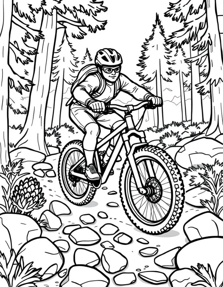 Coloriage Cyclisme - Vététiste en balade sportive sur un sentier forestier au milieu des sapins et des rochers, dessin vectoriel simple.