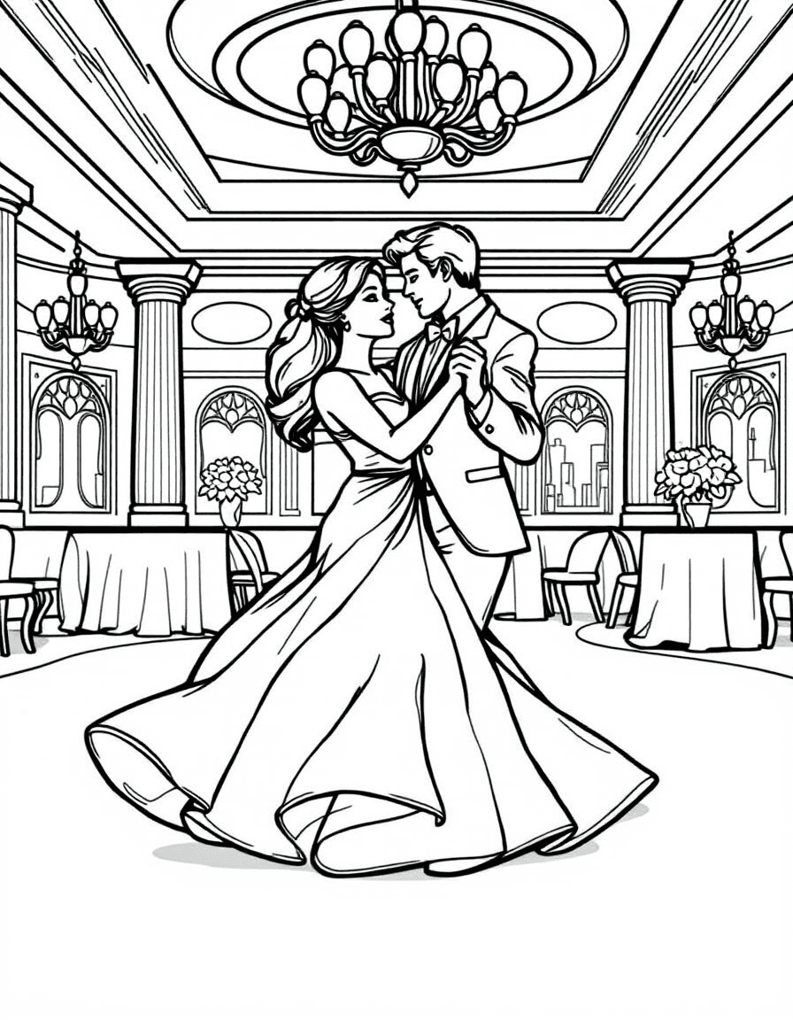 Coloriage Danse - Couple élégant tourbillonnant dans une valse viennoise en robe de bal et costume dans un grand salon, dessin clair.
