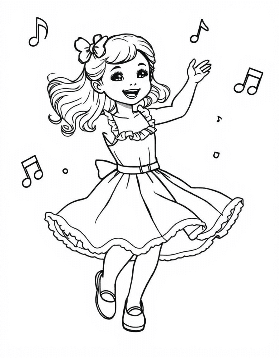 Coloriage Danseuse - Fillette danseuse tournoyant avec bonheur dans une jolie robe à volants évasée entourée de notes de musique, contours nets.