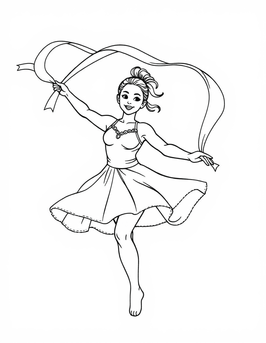 Coloriage Danseuse - Danseuse souriante faisant onduler un long ruban de gymnastique en de beaux rubans spiralés dans l'air, dessin clair.