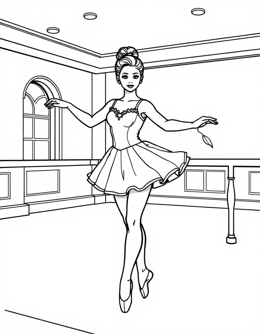 Coloriage Danseuse classique - Danseuse classique effectuant un demi-plié d'échauffement en tenant la barre en bois du studio, dessin clair.
