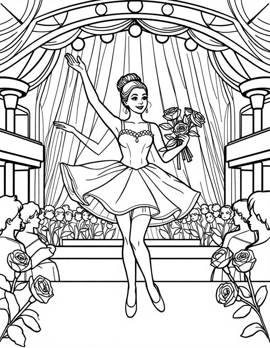 Coloriage Danseuse étoile - Danseuse étoile saluant sous les ovations de l'Opéra avec de grands bouquets de roses dans les bras, contours nets.