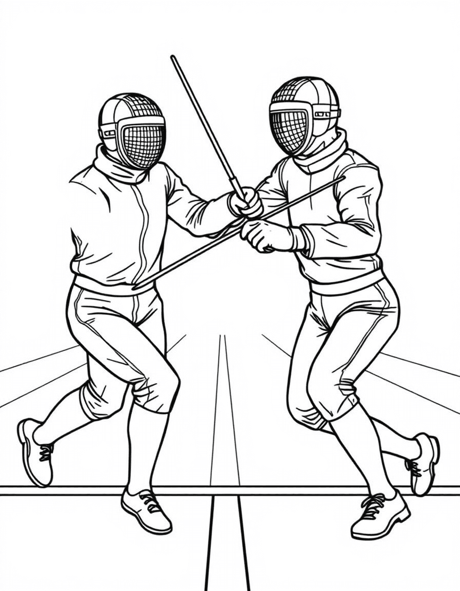 Coloriage Escrime - Deux escrimeurs en tenue blanche et masque grillagé s'affrontant au fleuret sur la piste métallique, contours nets.