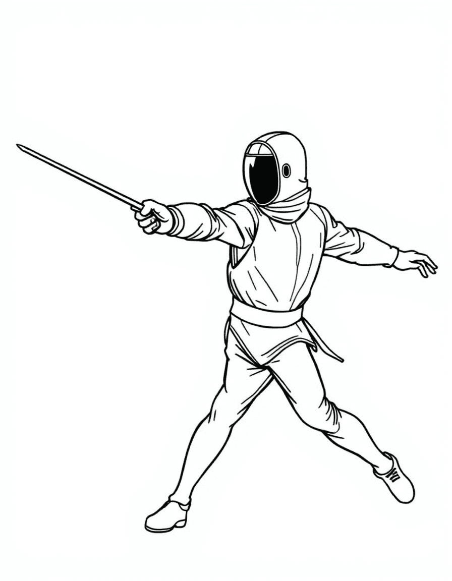 Coloriage Escrime - Escrimeur réalisant une fente vive vers l'avant le bras armé tendu vers le buste de son rival, dessin clair.