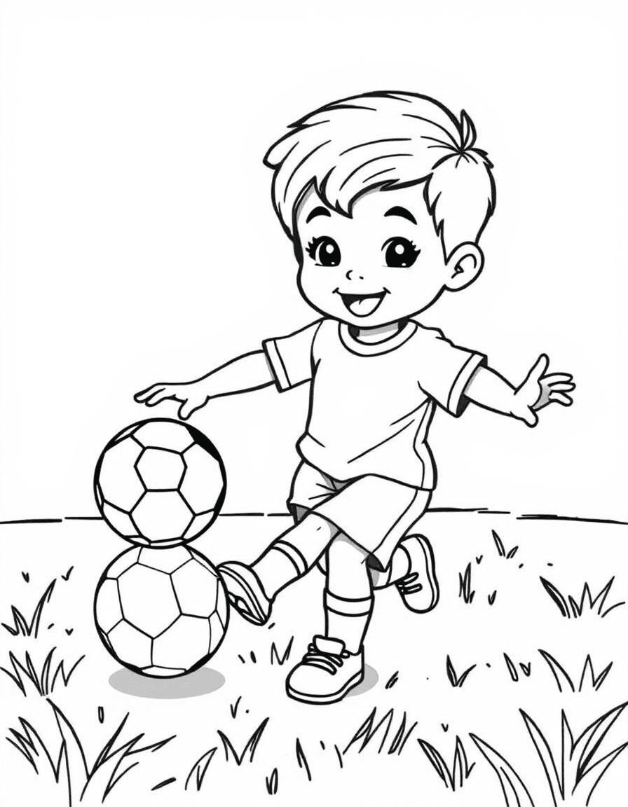 Coloriage Foot - Enfant joyeux frappant dans un beau ballon de foot rond aux motifs classiques sur la pelouse, dessin simple.