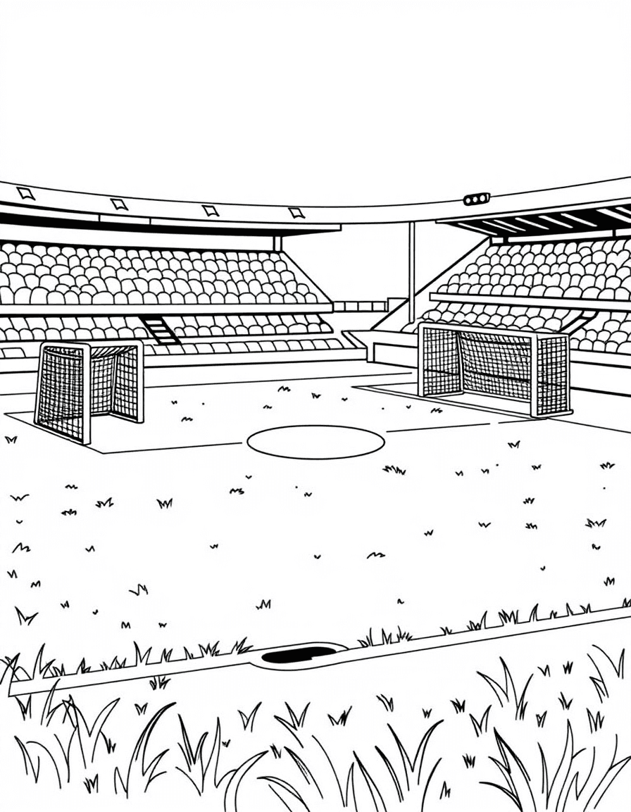 Coloriage Football - Match officiel de football en cours sur un terrain réglementaire avec lignes blanches et drapeaux de coin, contours nets.