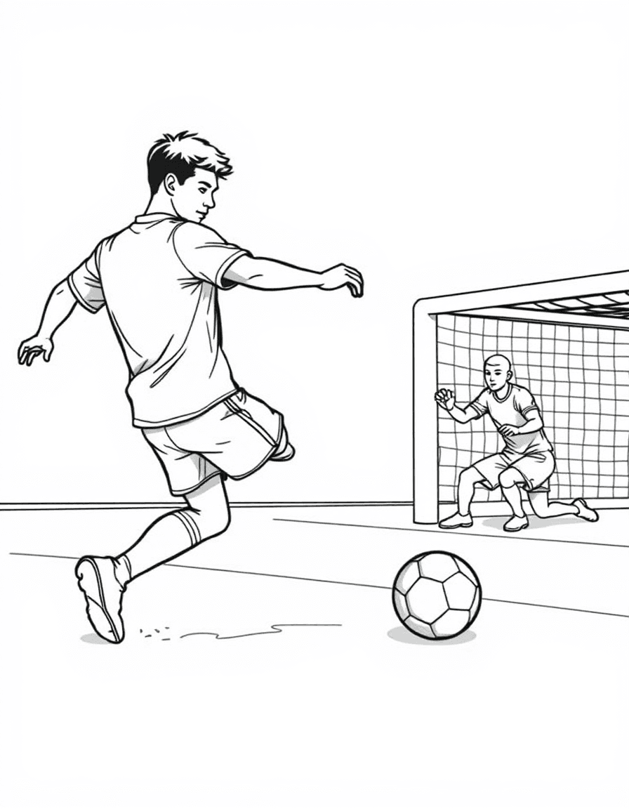 Coloriage Football - Attaquant concentré s'élançant pour tirer un penalty décisif face au gardien attentif sur sa ligne, dessin clair.
