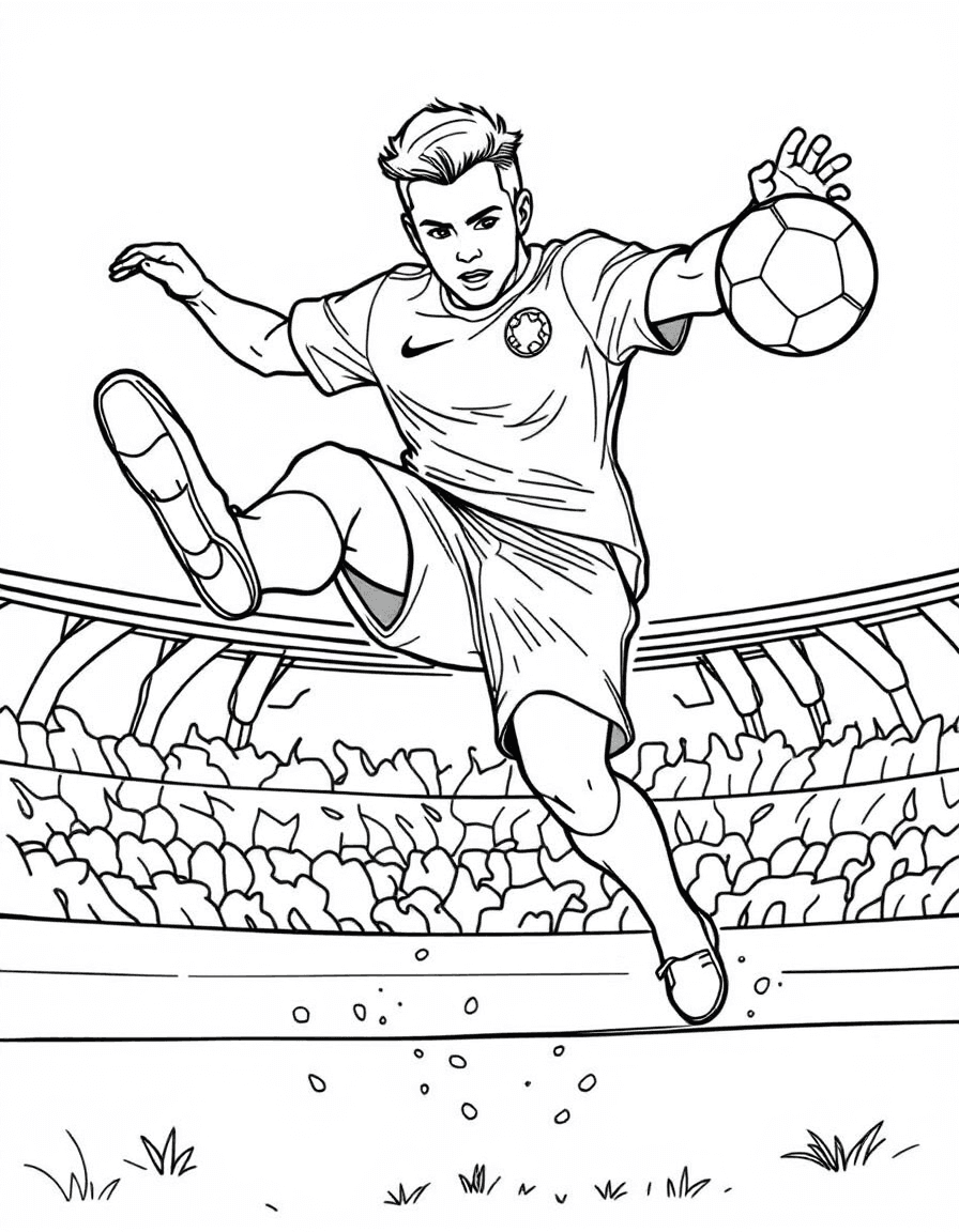 Coloriage Footballeur - Footballeur vedette réalisant un spectaculaire ciseau retourné en plein vol avec un regard déterminé, contours nets.