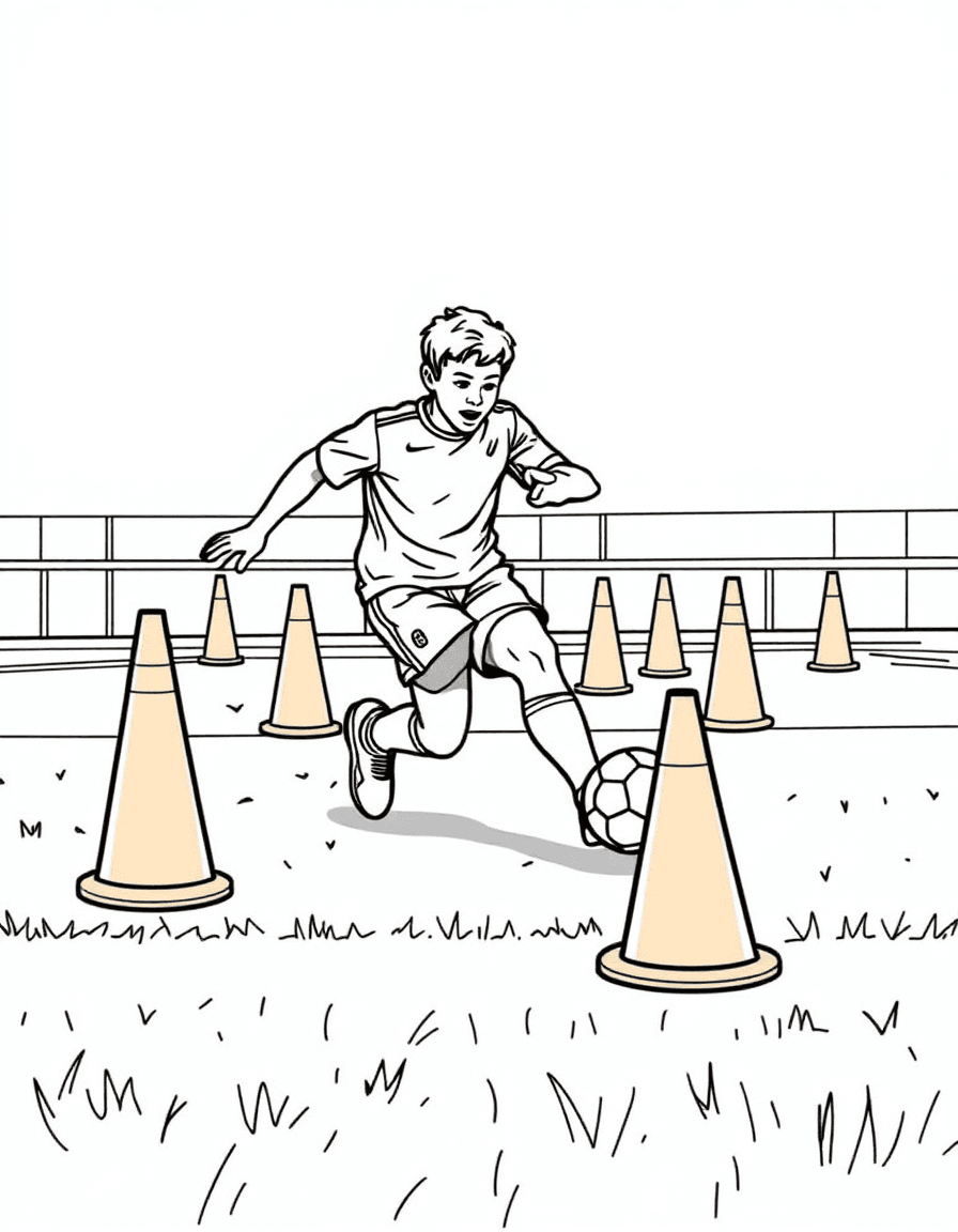 Coloriage Footballeur - Footballeur slaloman agilement avec le ballon entre des plots d'entraînement sur le terrain, dessin clair.