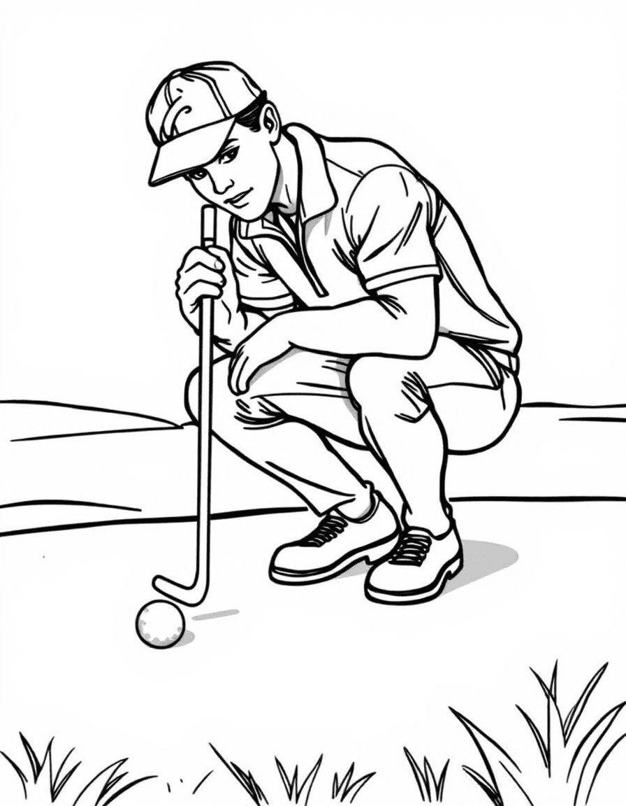 Coloriage Golf - Golfeur accroupi sur le green taillé de près pour ajuster sa trajectoire de putt vers le trou et le drapeau, dessin clair.