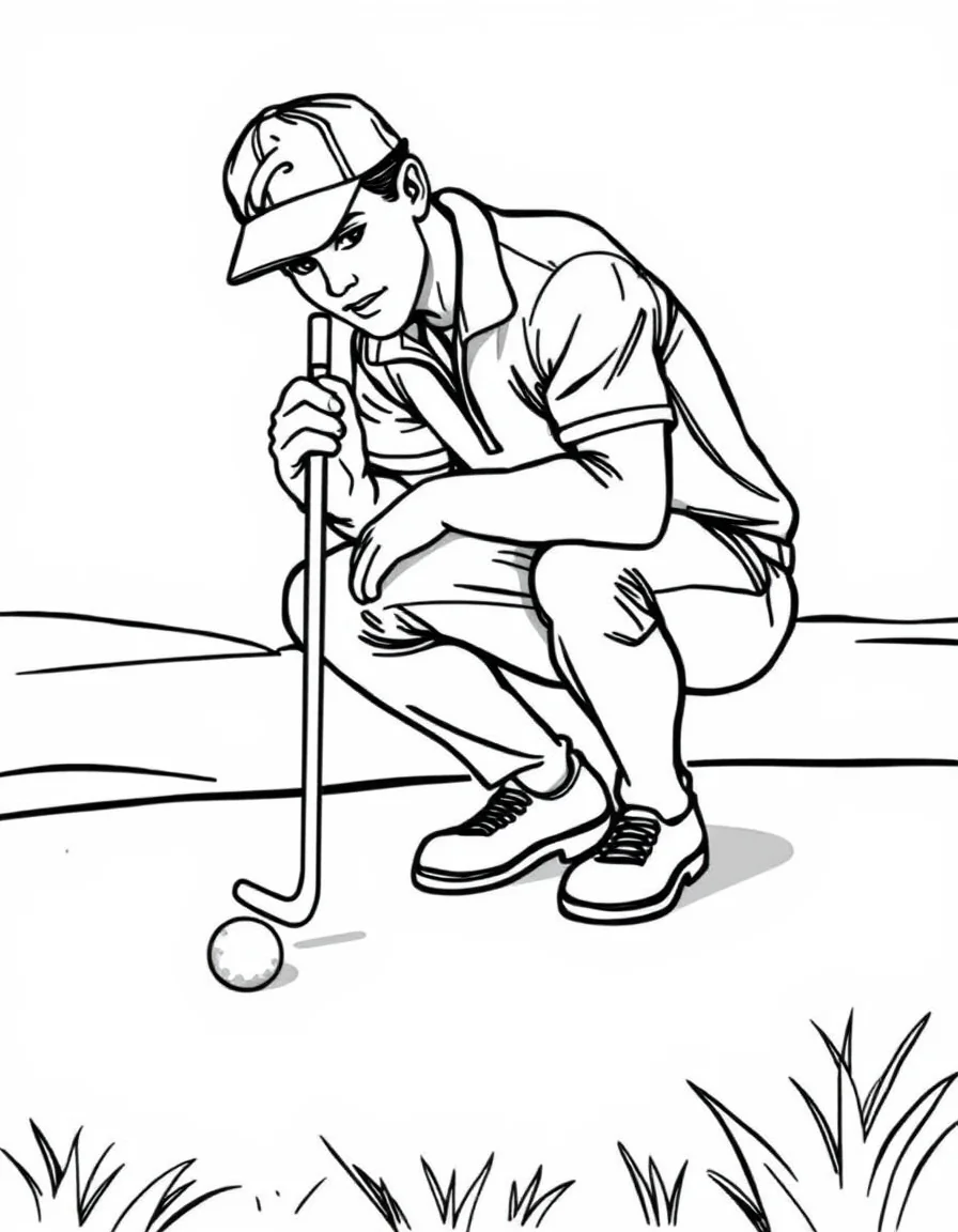 Coloriage Golf - Golfeur accroupi sur le green taillé de près pour ajuster sa trajectoire de putt vers le trou et le drapeau, dessin clair.
