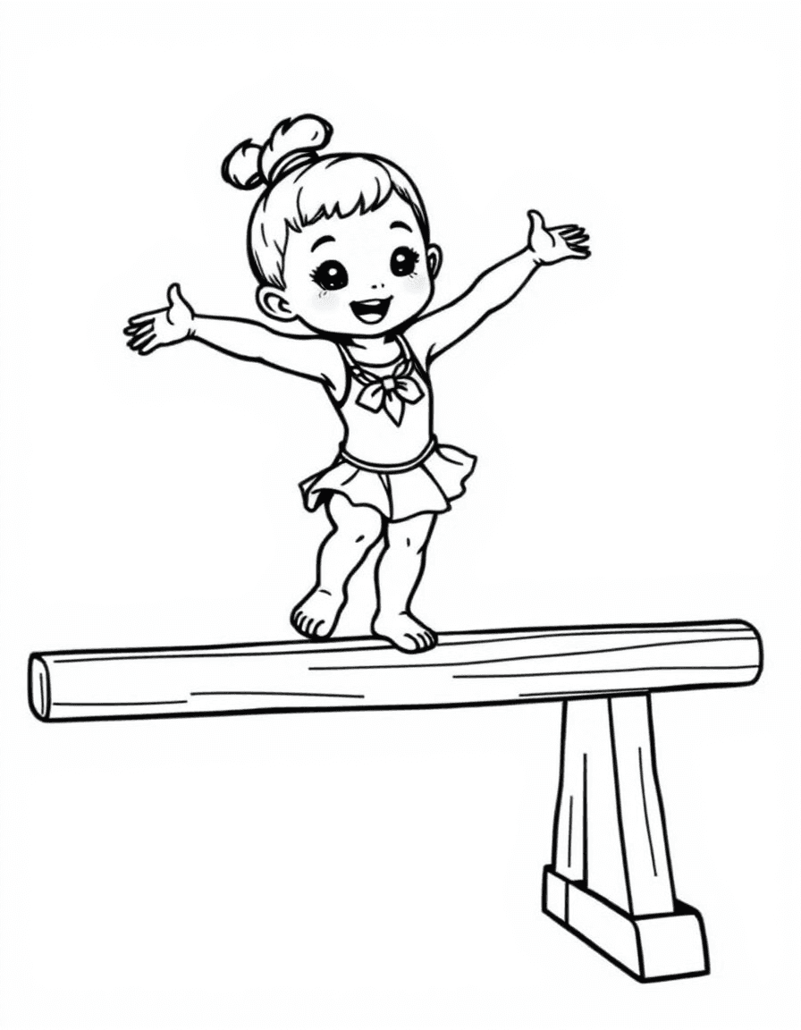 Coloriage Gymnastique - Jeune gymnaste réalisant un bel équilibre sur la poutre en bois les bras écartés et les pointes tendues, contours nets.