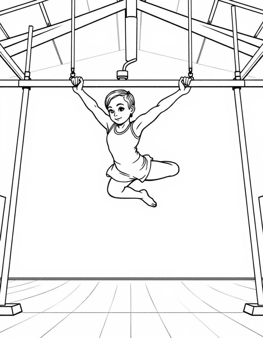 Coloriage Gymnastique - Gymnaste voltigeant gracieusement entre les barres asymétriques dans le gymnase, dessin vectoriel simple.