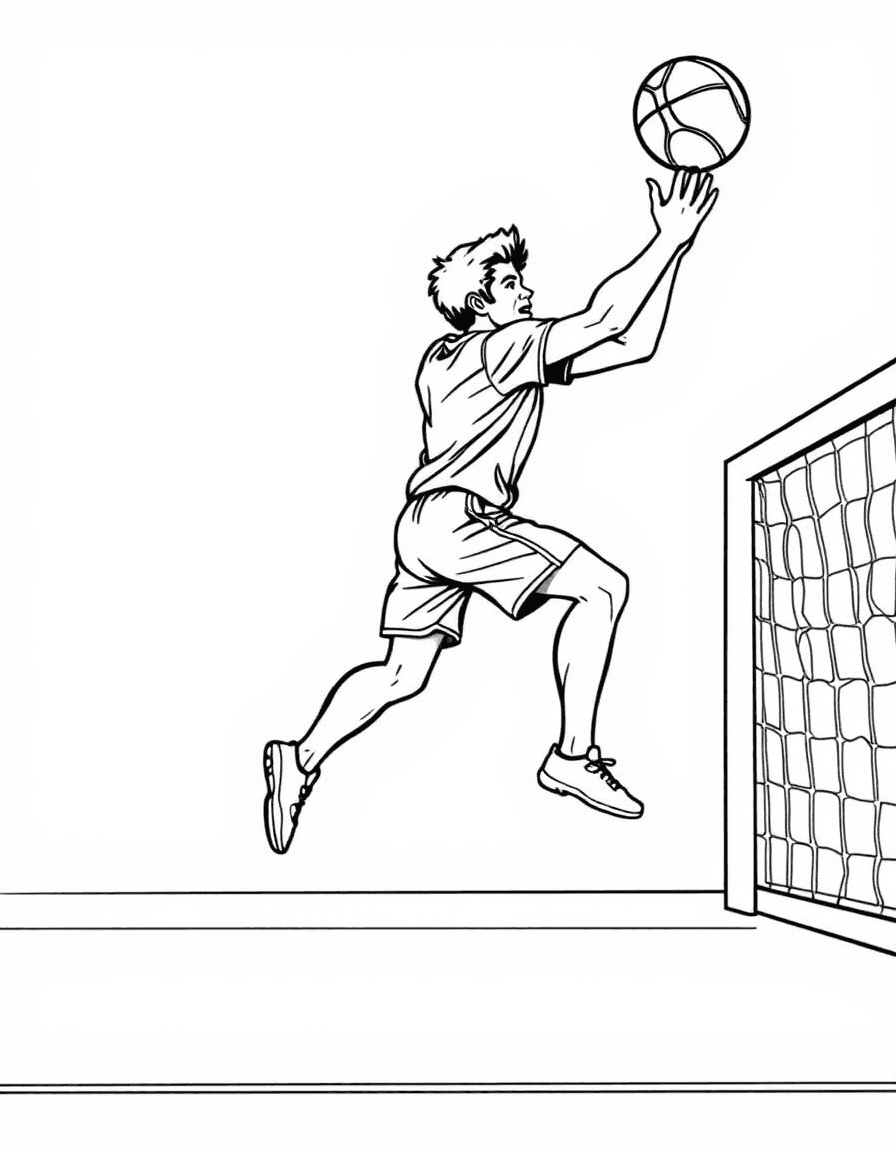 Coloriage Handball - Joueur de handball réalisant un tir puissant en suspension dans les airs vers la lucarne adverse, contours nets.