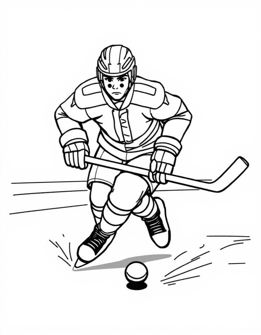 Coloriage Hockey - Joueur de hockey sur glace casqué patinant à vive allure en guidant le palet avec sa crosse, contours nets.