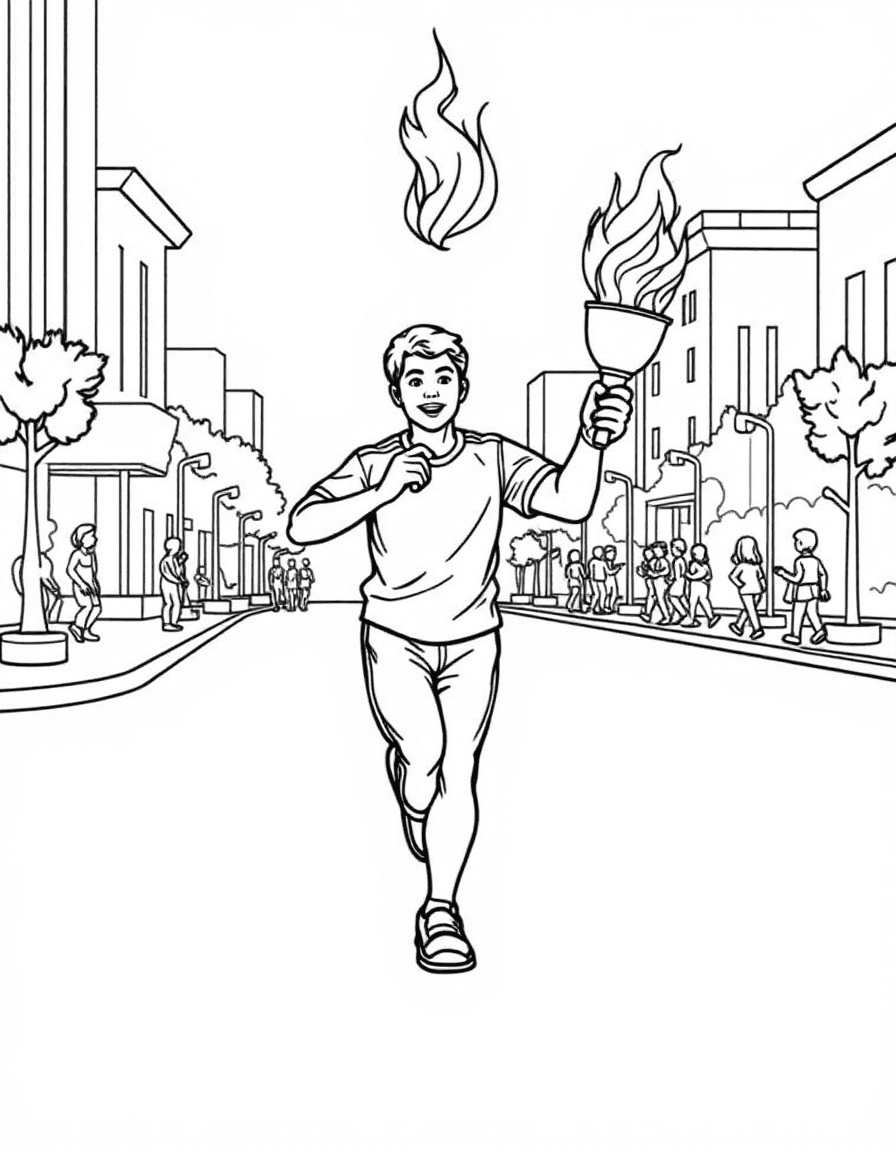 Coloriage Jeux Olympiques - Porteur de la flamme olympique courant fièrement avec la torche allumée le long du parcours officiel, contours nets.
