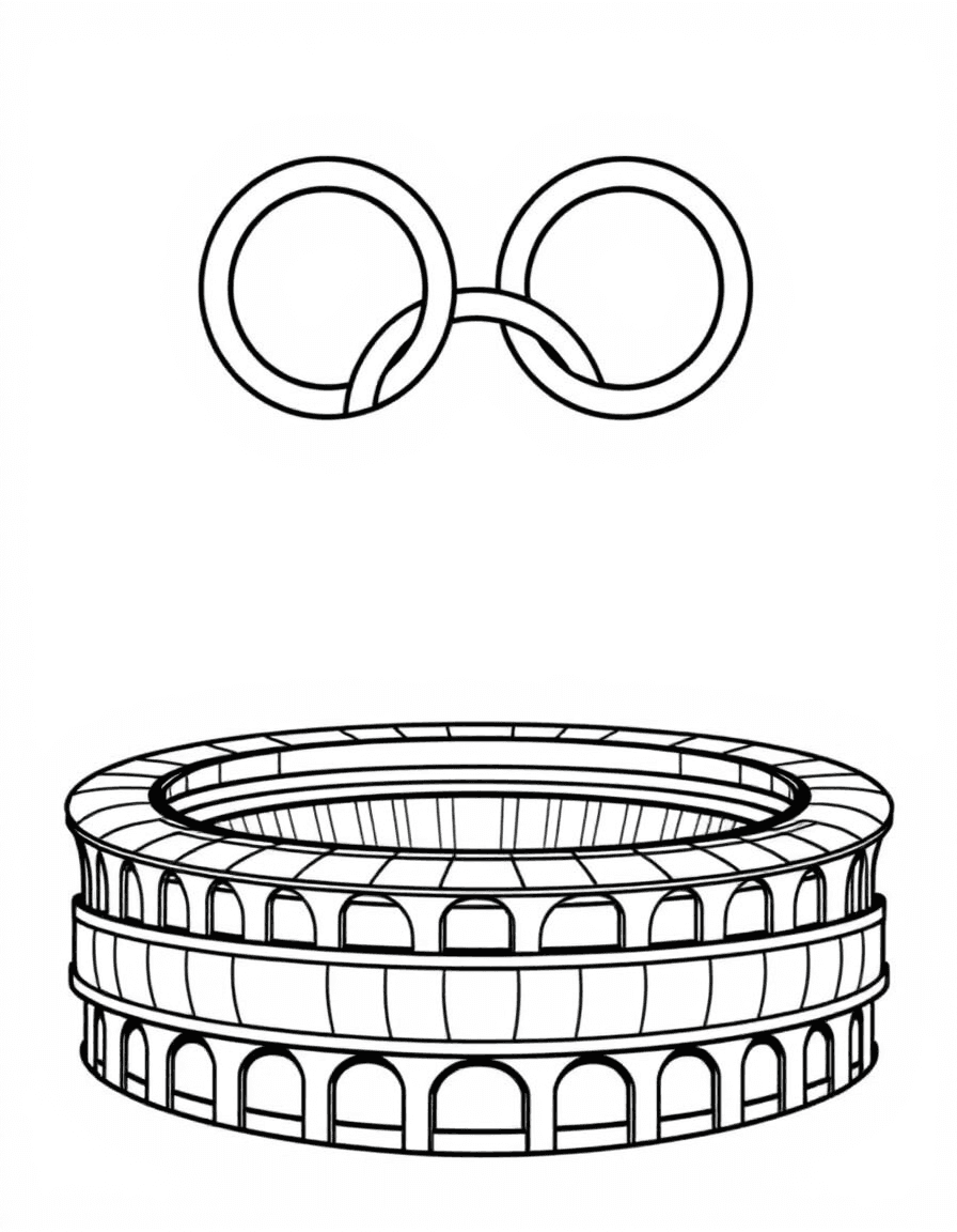Coloriage Jeux Olympiques - Les cinq anneaux olympiques entrelacés surplombant majestueusement le stade olympique, dessin clair.