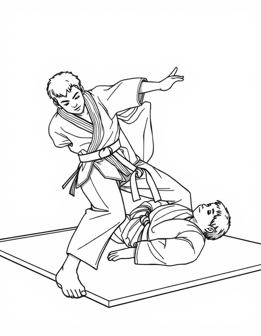 Coloriage Judo - Judoka exécutant un superbe mouvement d'épaule (morote seoi nage) projetant son partenaire sur le tatami, contours nets.